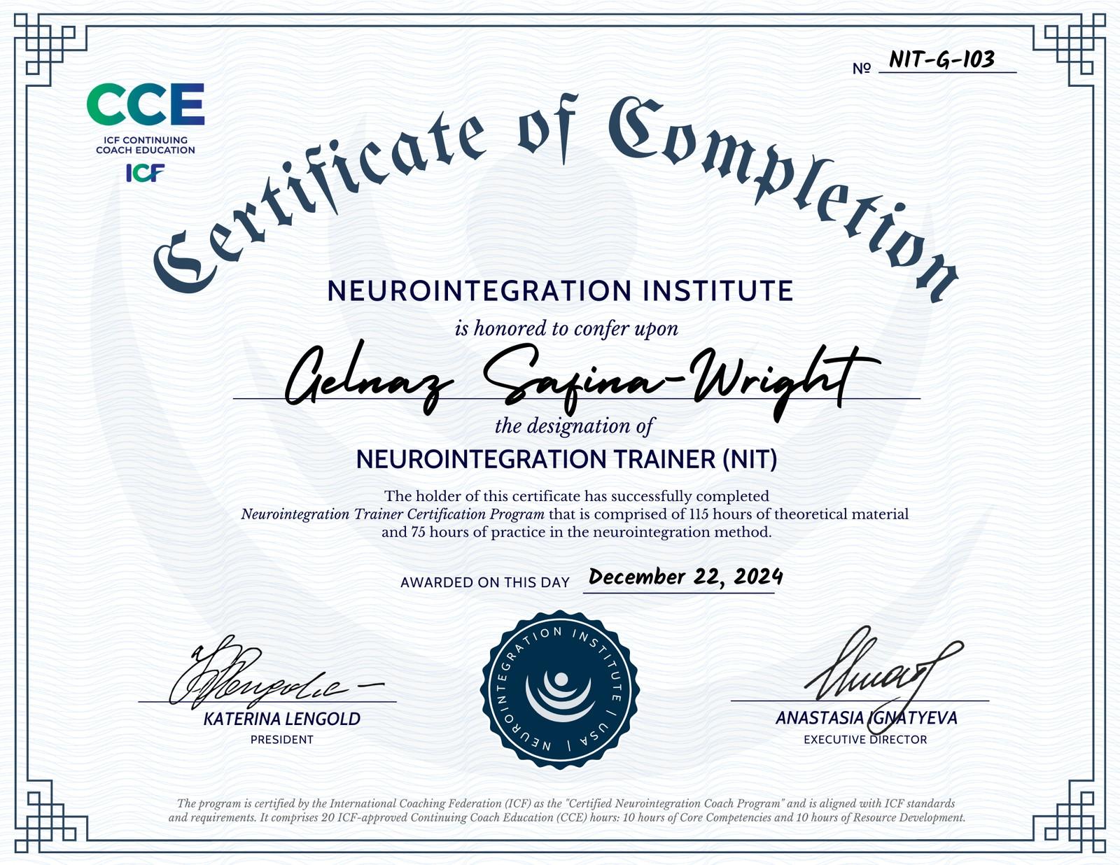 Zertifikat: Neurointegration Trainer, ICF/CCE-akkreditiert, ausgestellt vom Neurointegration Institute